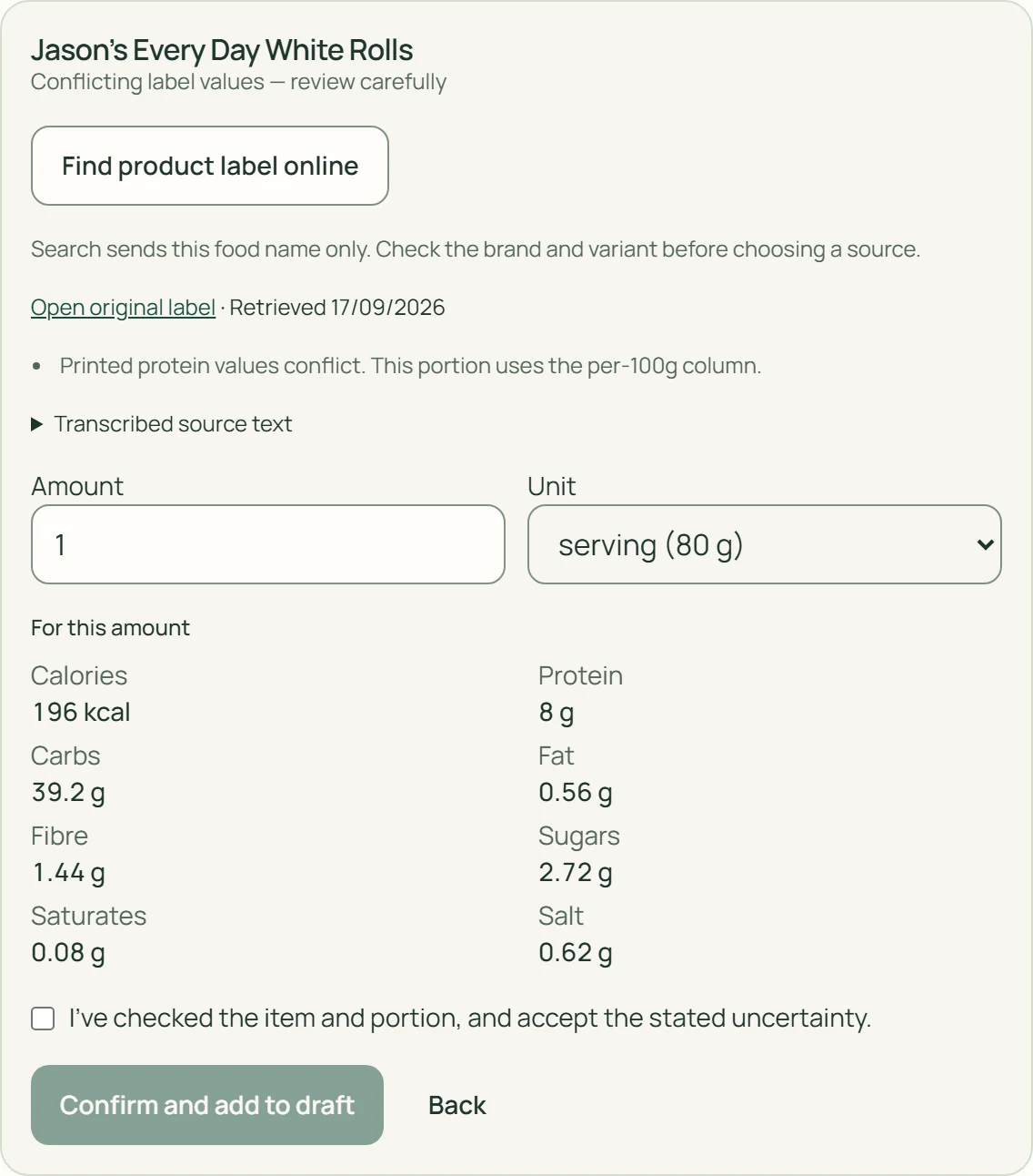 Jason’s rolls: conflicting label warning, source link, an 80 g serving, nutrition and confirmation into a draft.