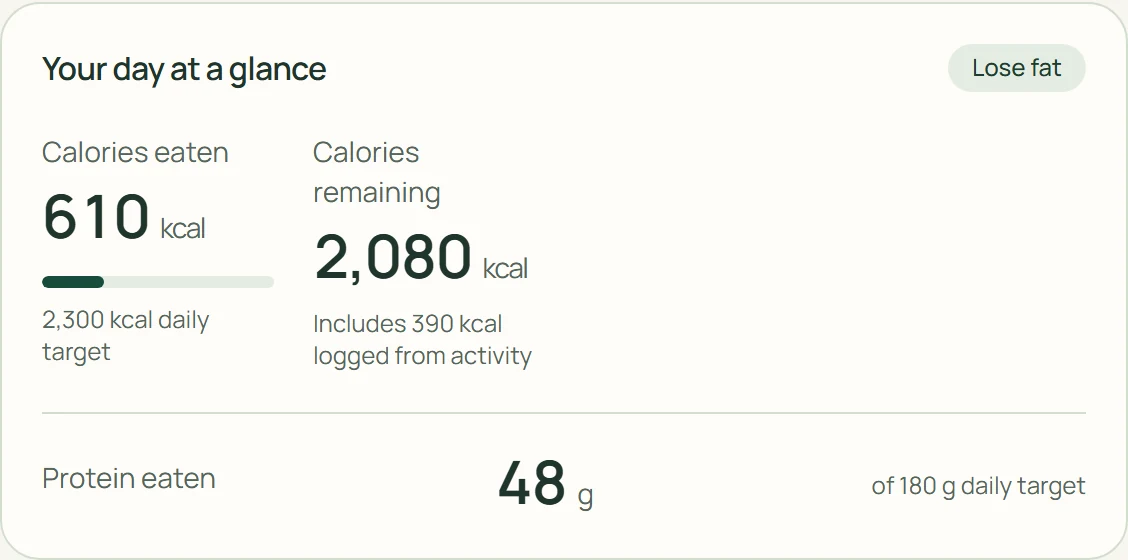 Example daily summary with calories eaten, activity-adjusted remaining calories and protein.